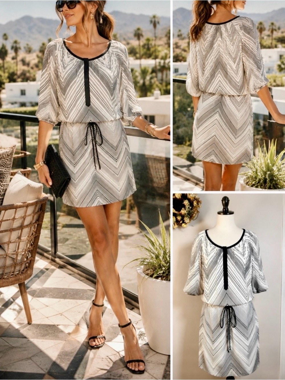 💥Trina Turk Silk Chevron Blouson Drawstring Waist Dress Black Ivory Sz 4💛